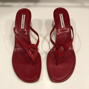 Manolo Blahnik red thong kitten heel sandals